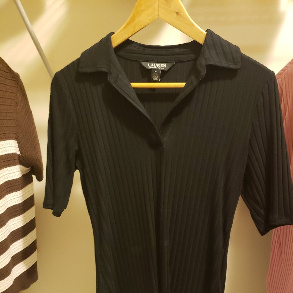 Ralph Lauren - Rib-Knit Elbow-Sleeve Polo Tee - Black Size M
